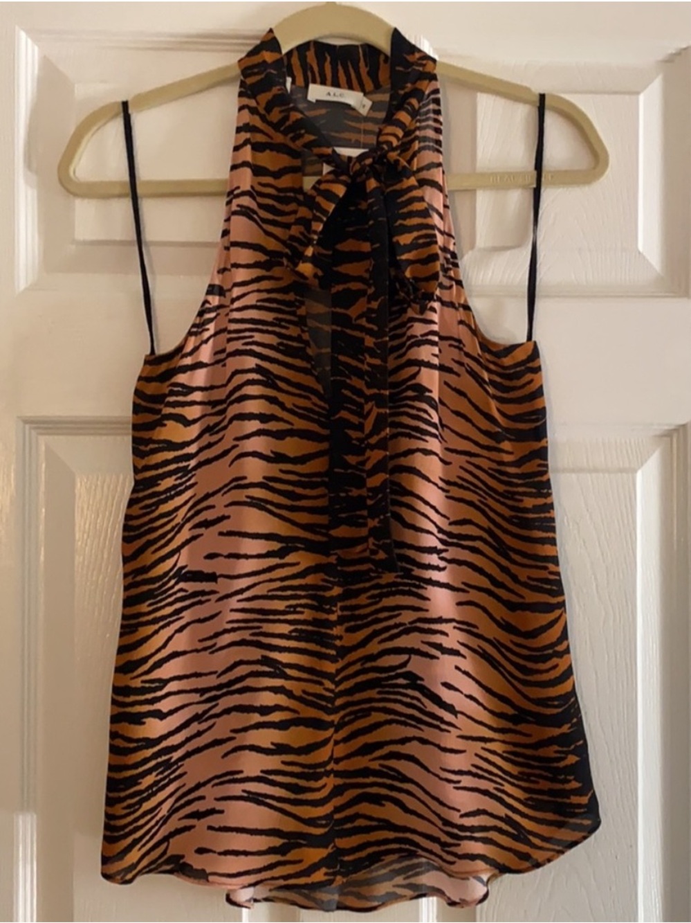 ALC. Sleeveless Tie-Neck Tiger Print Tank Top - Brown/Black